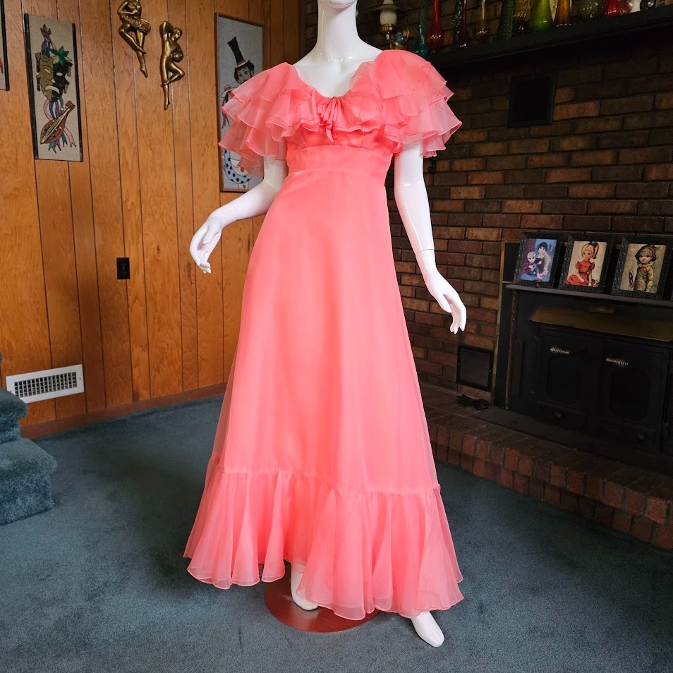 Vtg 80s Southern Belle Bridesmaid Coral Pink Bustle Chiffon Prom Gown Dress XS/S