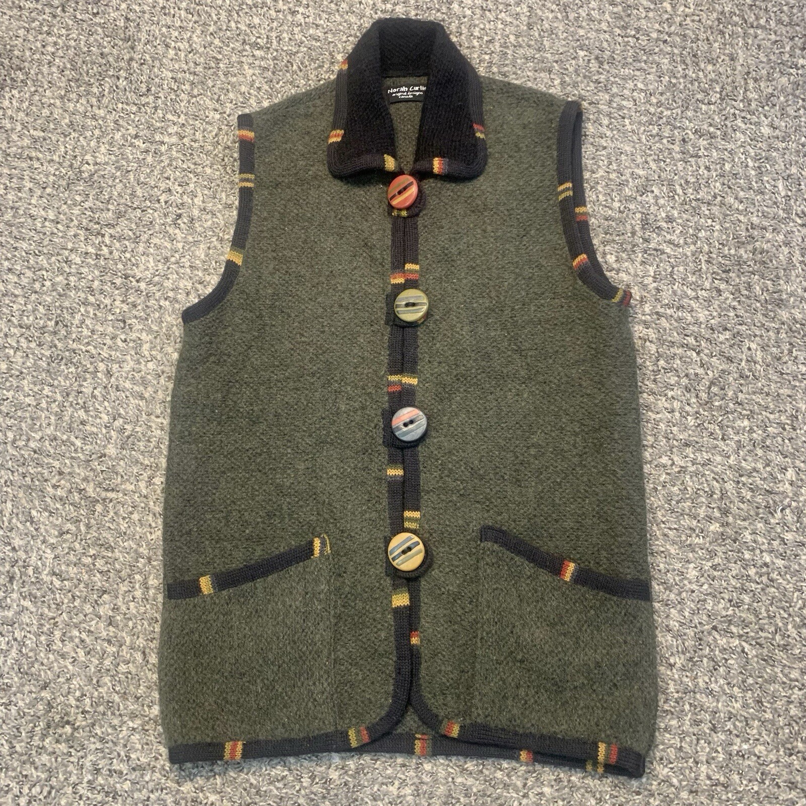 Norah Curtis Canada Vintage Wool Silk Art To Wear Novelty Vest Green Multi SP