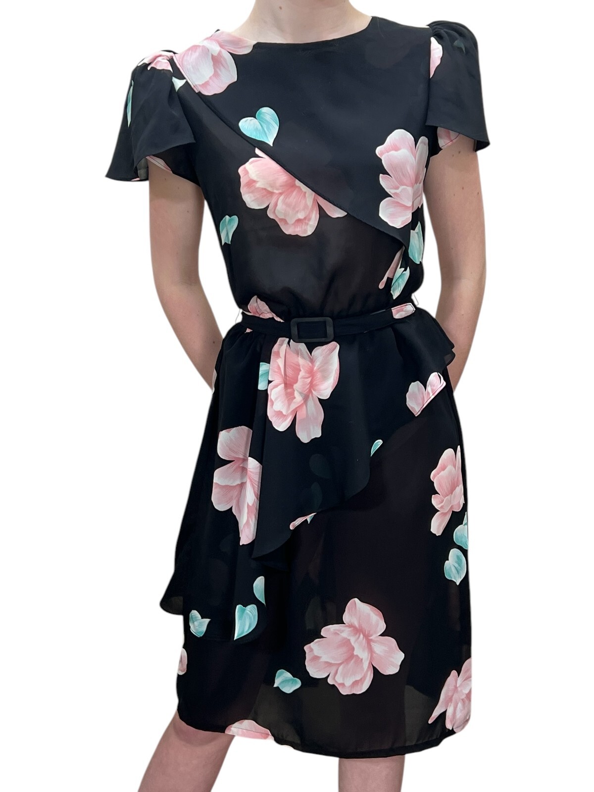 M Vtg 80s Sheer PEPLUM Dress Floral Asymmetrical Drape Flutter Sleeve Belt Eljay