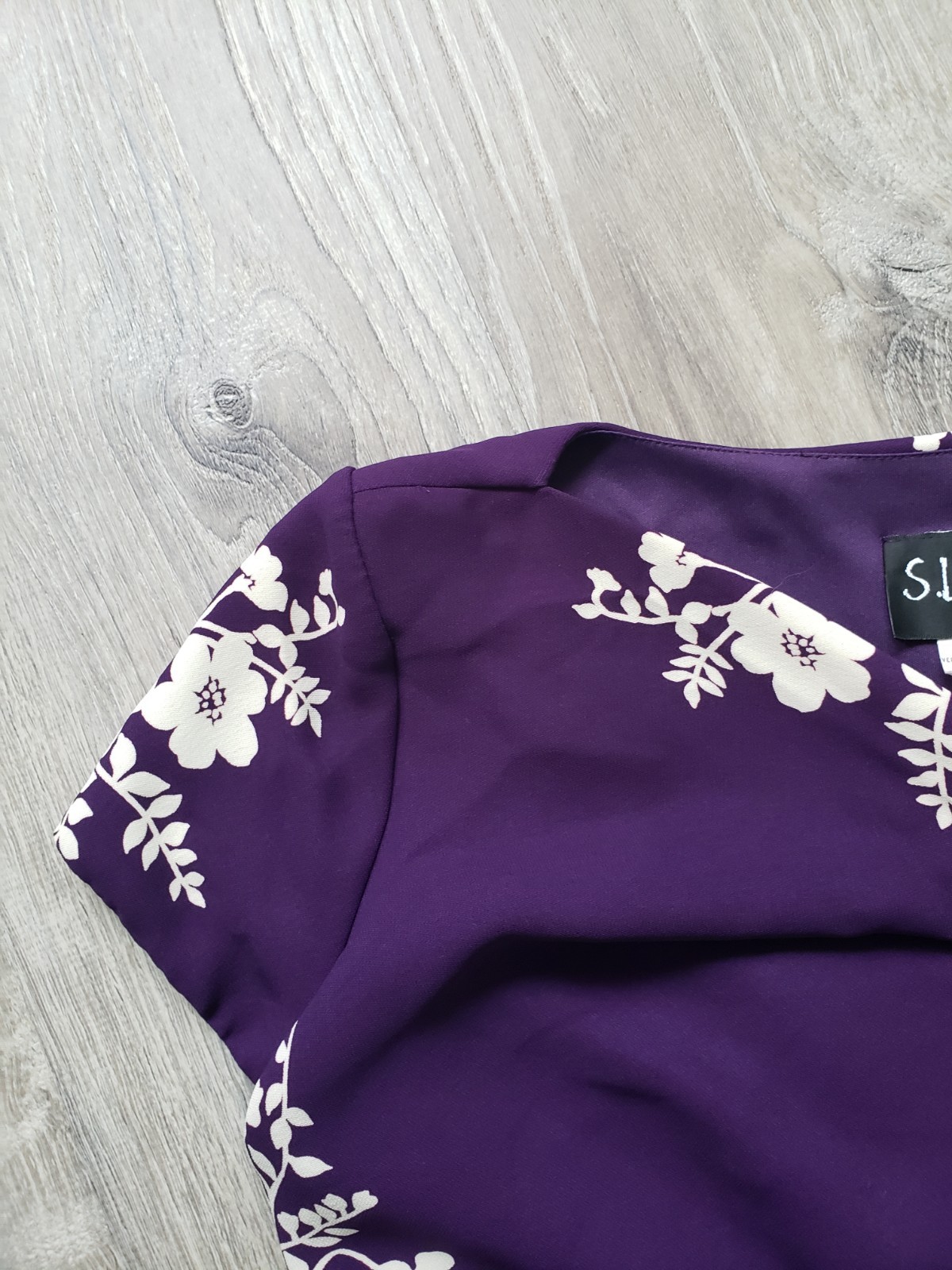 VTG SL Fashions Womens Petite 6P Midi Dress Purple Floral Draped Neck Cap Sleeve