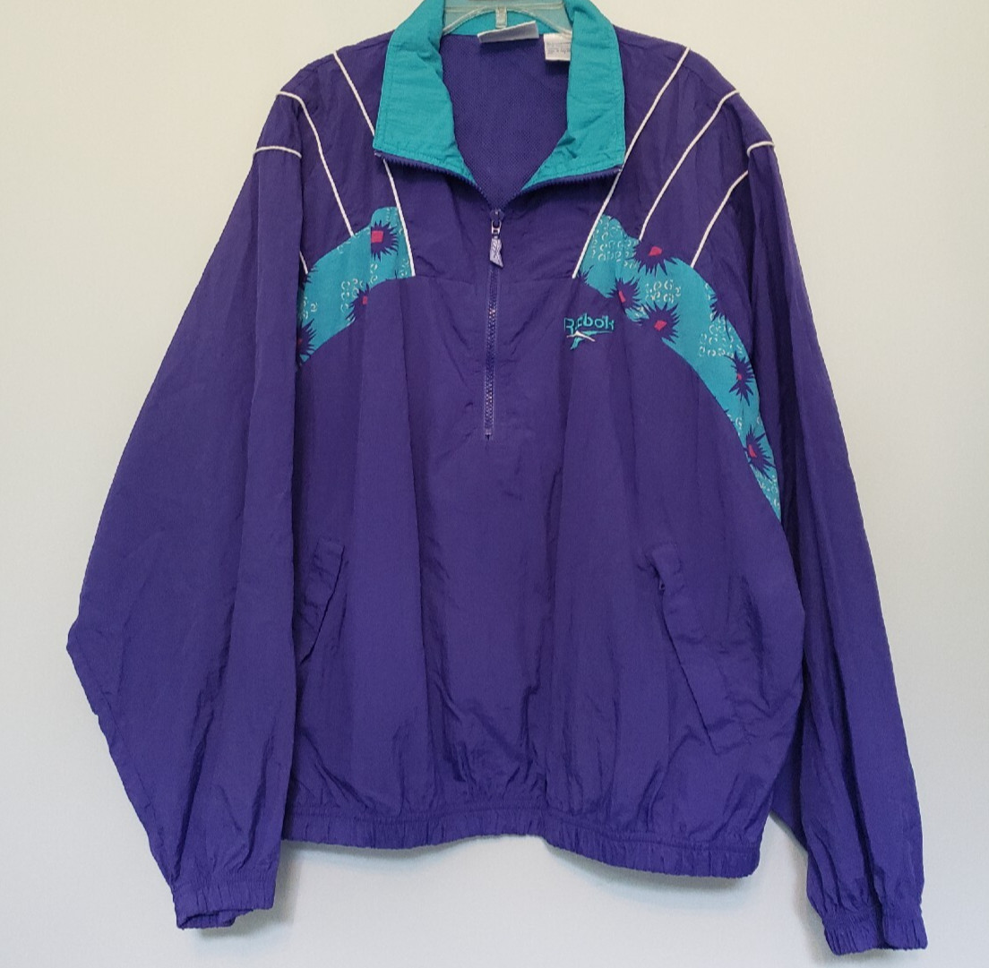 VTG Reebok Women Sz L Windbreaker Jacket Long Sleeve Half Zip Blue Purple Pocket