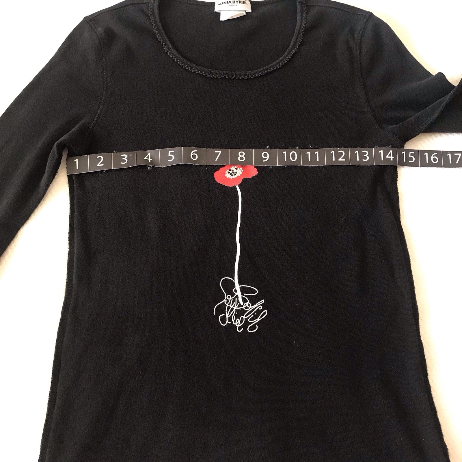 Vintage Sonia Rykiel Black Knit T-Shirt Top Small Embellished Poppy Flower Y2K