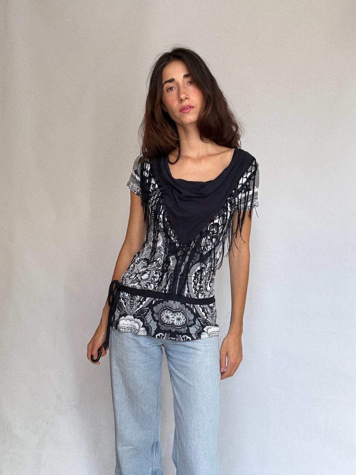 Desigual black white gray patterned blouse, cotton feel, relaxed fit, fringed sc
