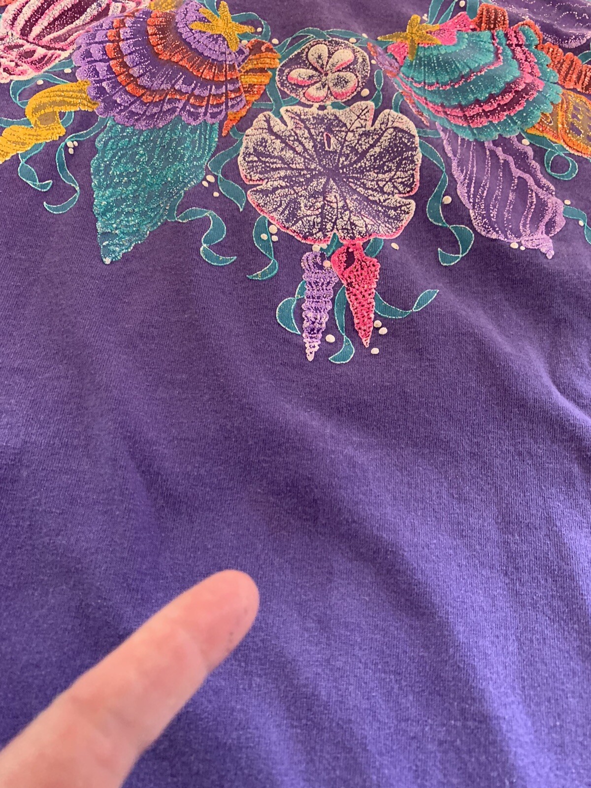 Vtg 90s Panama Jack Granny TShirt L ? Purple Shells Glittery Distressed Sea