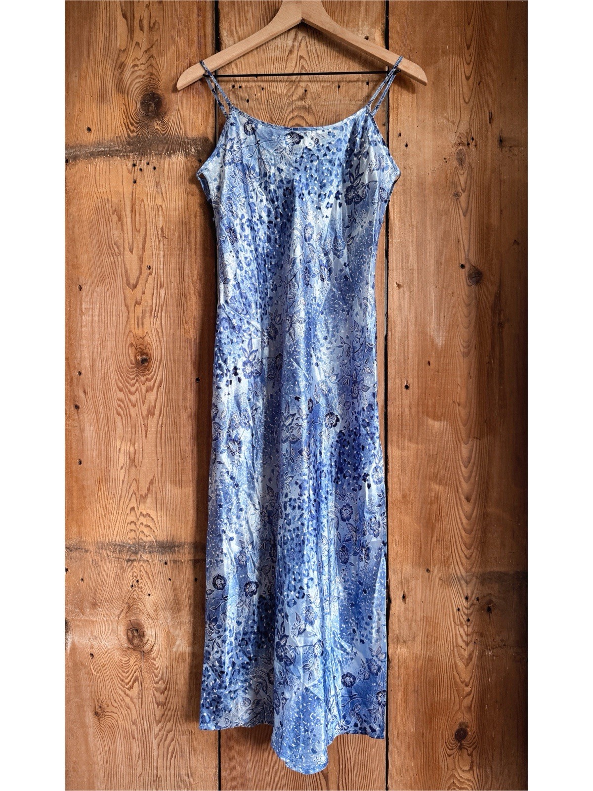 Sz S Vtg 90s Inner Most Ice Blue Silky Side Cutout Floral Chemise Slip Dress EUC