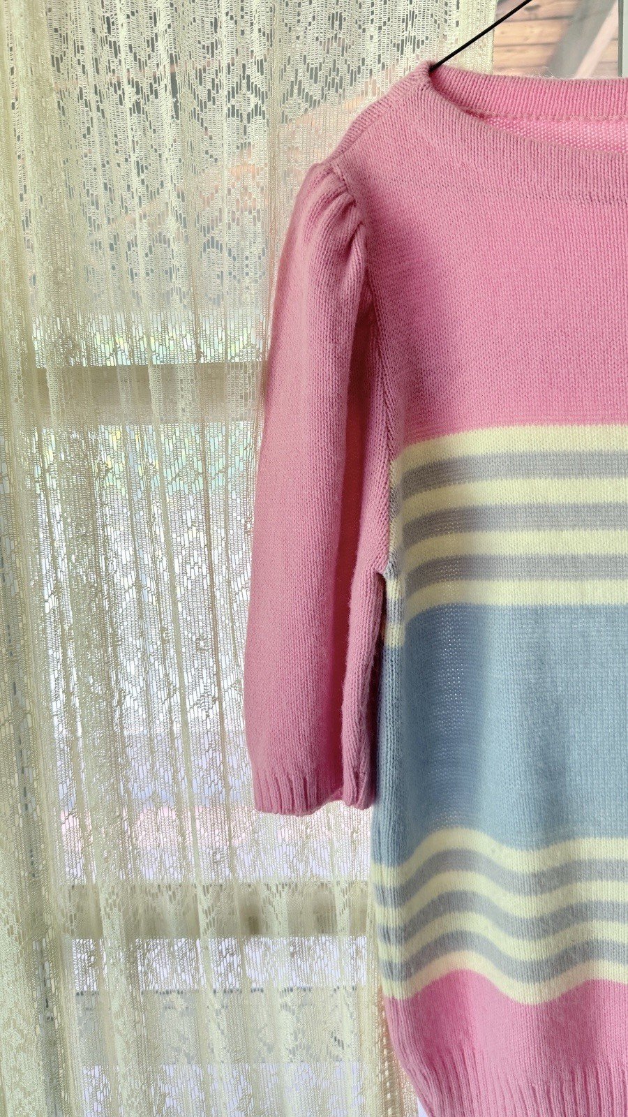 Vintage 80s Garan Pastel Striped Knit Sweater Top Pink Blue Yellow Puff Sleeve L