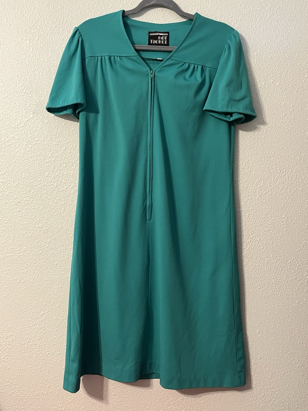 Vintage Hot Ticket House Coat Moo moo Zip Up Back Flap Teal Green M/L