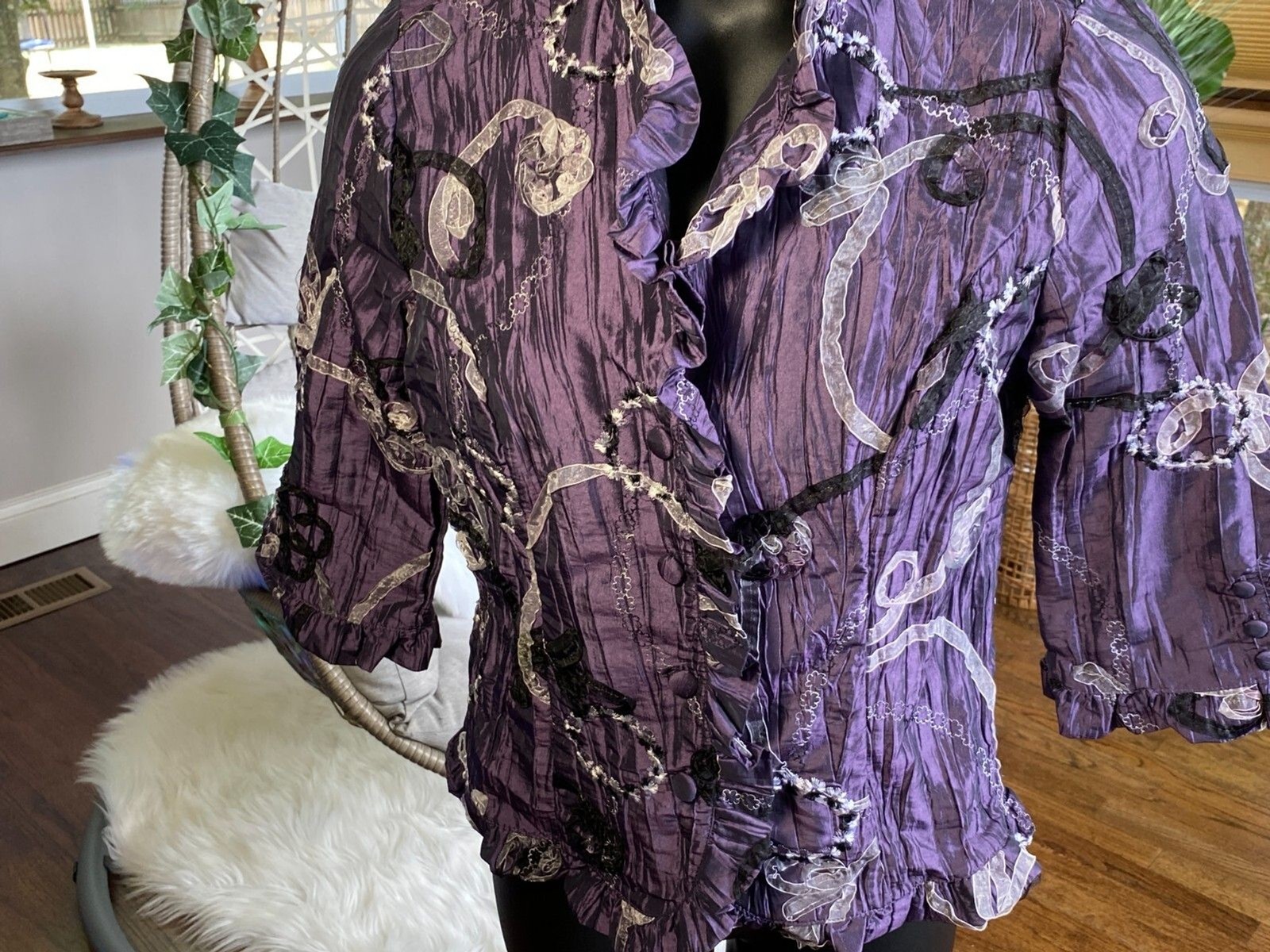Dress Barn PURPLE CRINKLED FRONT COLLARED JACKET RIBBON ACCENT BLAZER SZ L