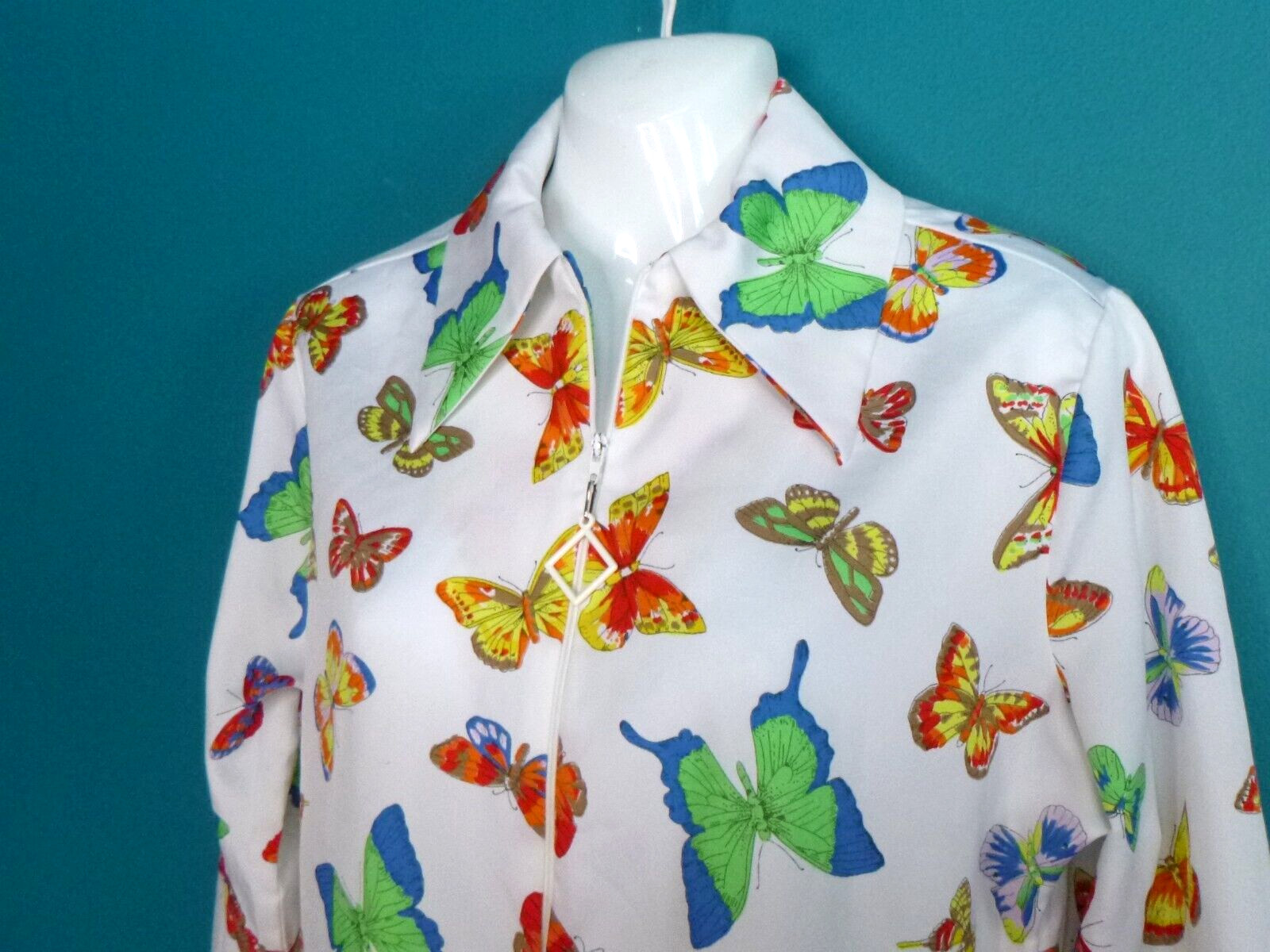 Vtg 70s NPC Fashions Zip Front Woven Poly Shirt Top Colorful Butterflies Sz 34