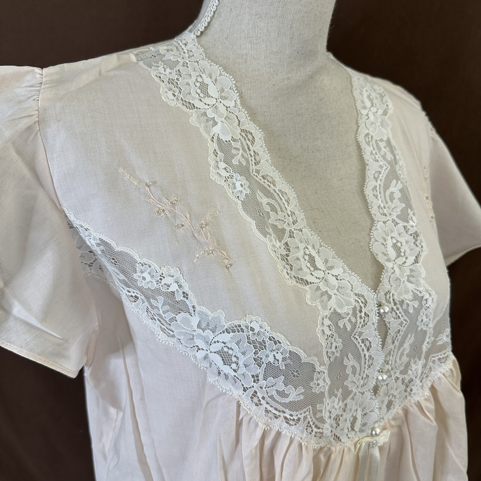 Vtg 80’s Lindsey Blake Cotton Blend Pink Puff Sleeve Lace Victorian Nightgown L
