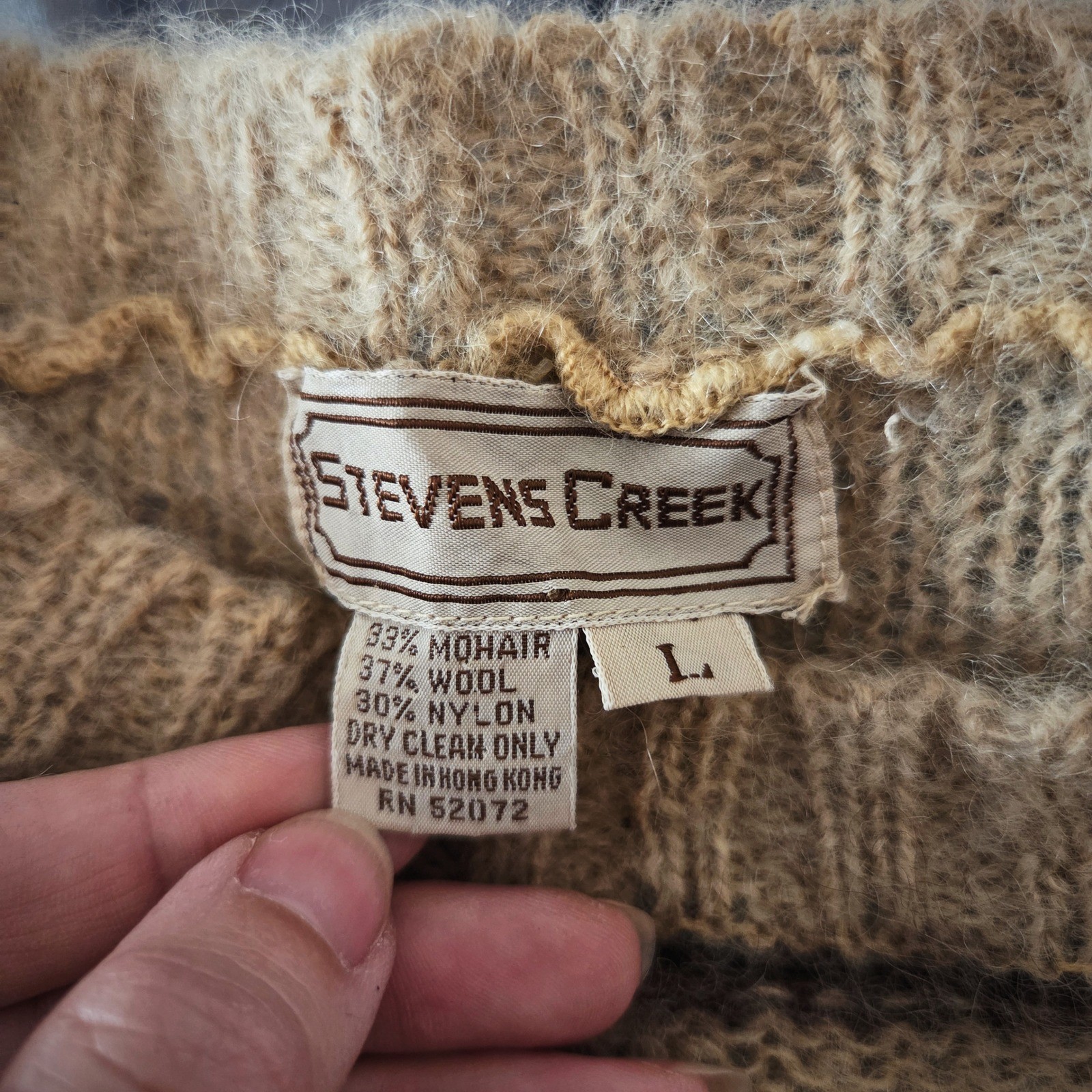Stevens Creek Mohair Wool Sweater Vintage 70s L Striped Brown Beige Fuzzy Knit