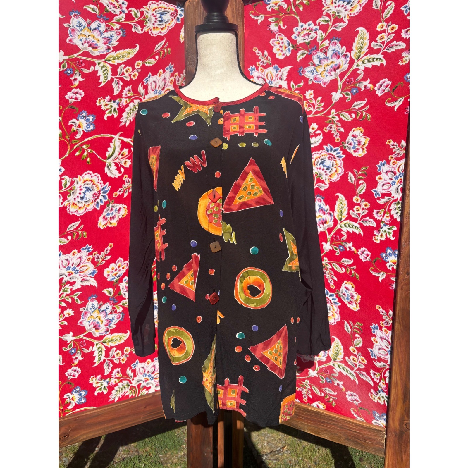 VTG 90’s Art Teacher Phoebe Boofay Black Long Sleeve Party Print Blouse Size L
