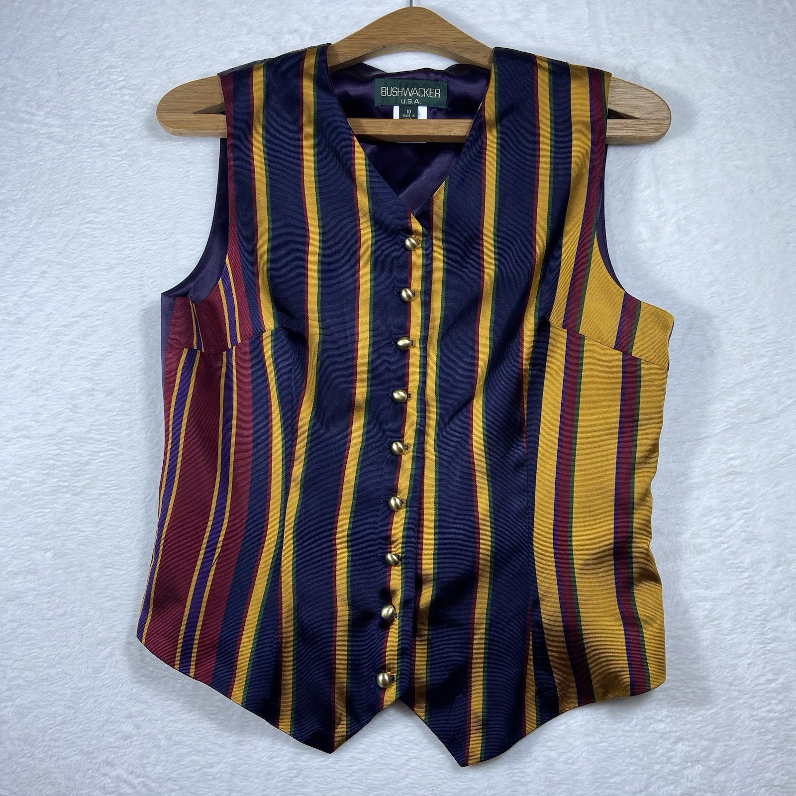 Bushwacker USA Vintage Striped Vest Women’s Size 10 Purple Gold Multi Color 90s
