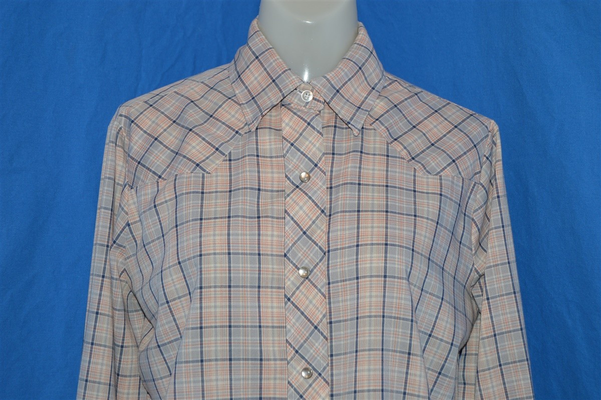 vintage 80s PANHANDLE SLIM PINK PLAID COWBOY PEARL SNAP WOMEN’S SHIRT SZ 14 35