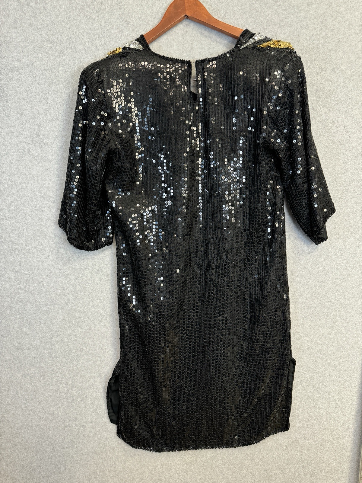 VTG 80s Jewel Queen Black Gold Sequin Beaded Silk Dress Art Deco Statement Piece