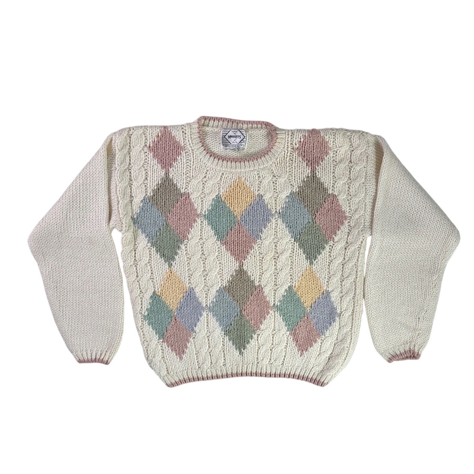 Vintage Nuggets Medium Argyle Cable Knit Sweater Pastel Cream 90s Ramie