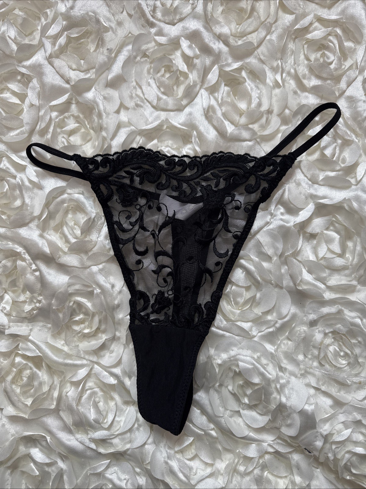 Vtg Felina Black Floral Embroidery V-String Thong Panties SZ M