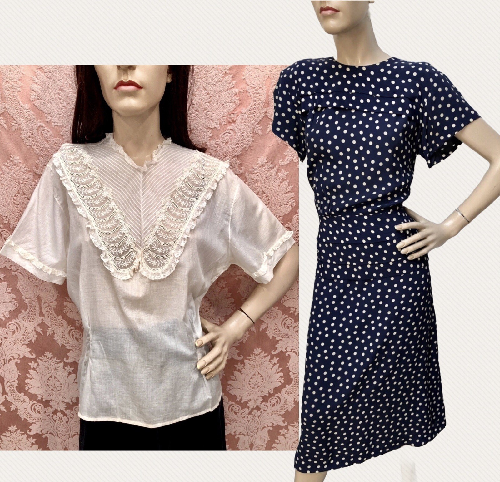 Lot 2 Vtg 1940s Minnie The Minx POLKA DOT Rayon Dress, 1930s Sheer VOILE BLOUSE