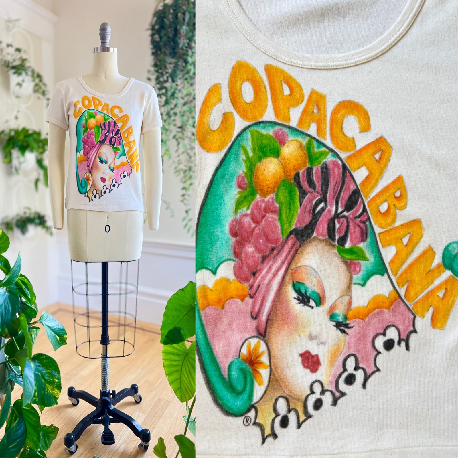 Vintage 1970s 70s Hand Painted Copacabana Carmen Miranda Wearable Art Tshirt Tee