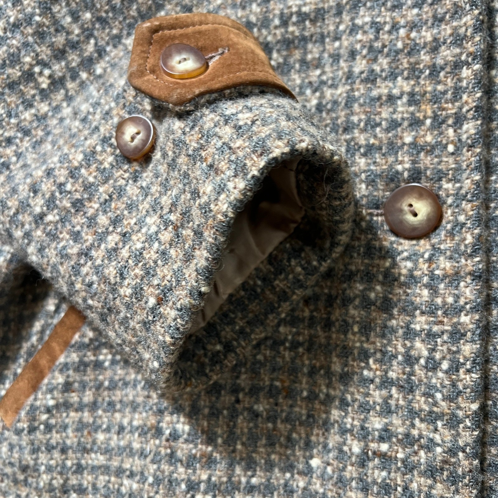 Vintage 1980s LL Bean Tweed Wool Trench Coat Brown Suede Womens Large
