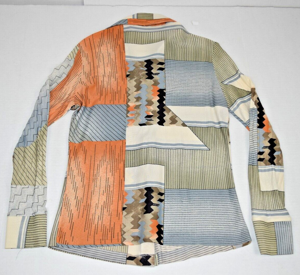 VTG Lady Arrow Shirt Size S 60s Striped Collared Thin Poly Mod Orange Blue Taupe