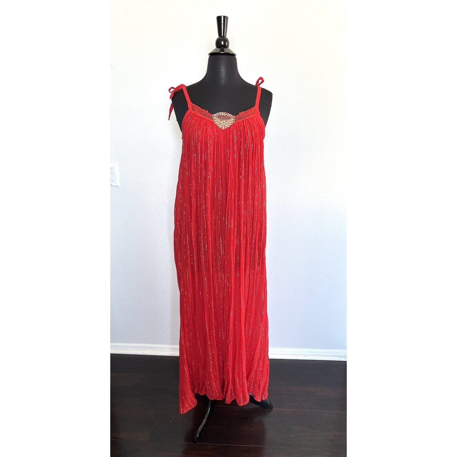 Vintage Rare Maxi Dress M Cotton Gauze Made in Greece Red Gold Thread Boho