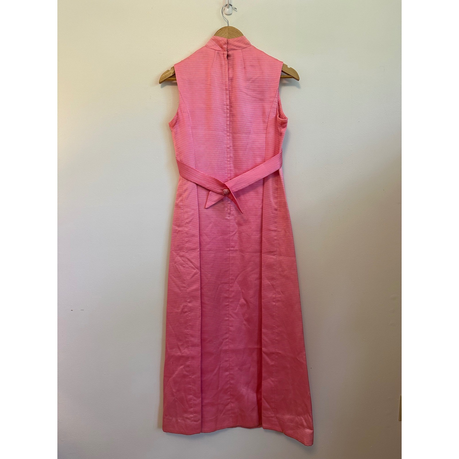 Vintage 70s Pink Ribbed Mock Neck Rhinestone Button Column Gown