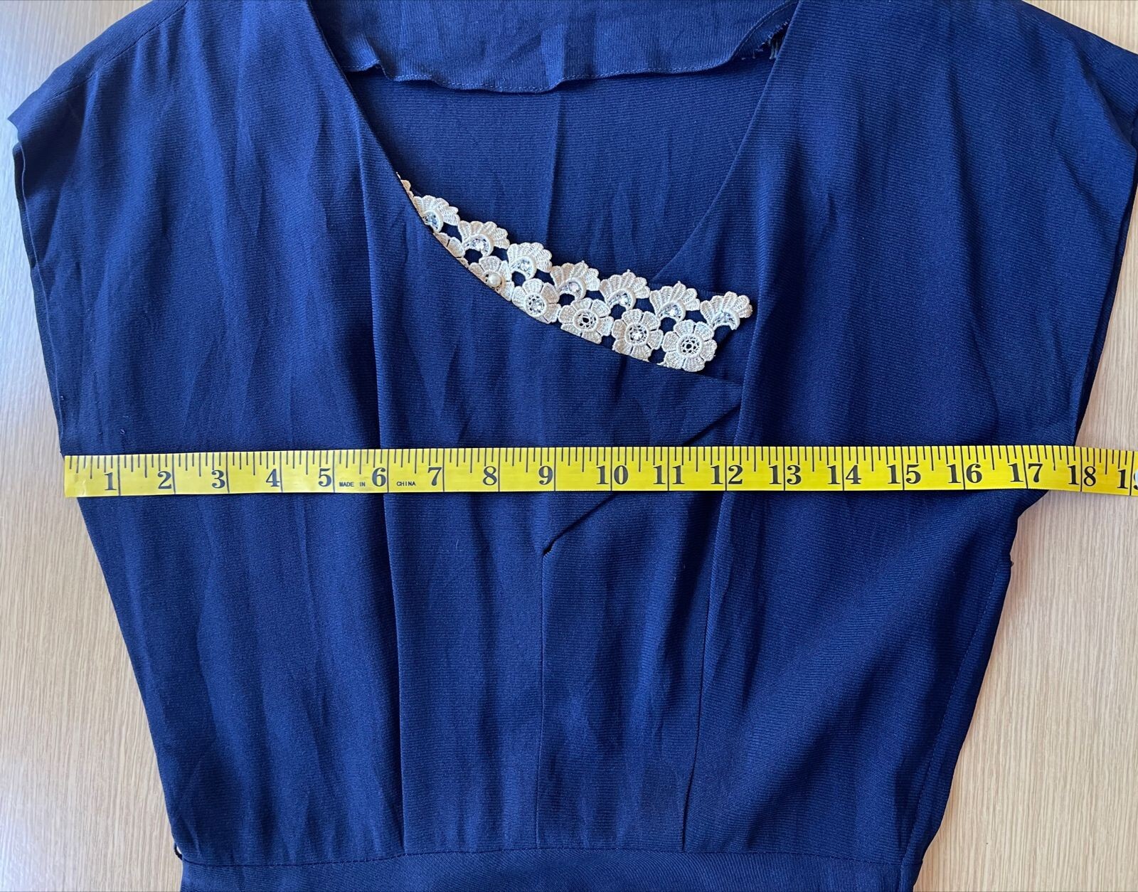 40’s 50’s Navy-Blue Rayon Lace-Beaded Collar Dress Lady Petite Size S/M