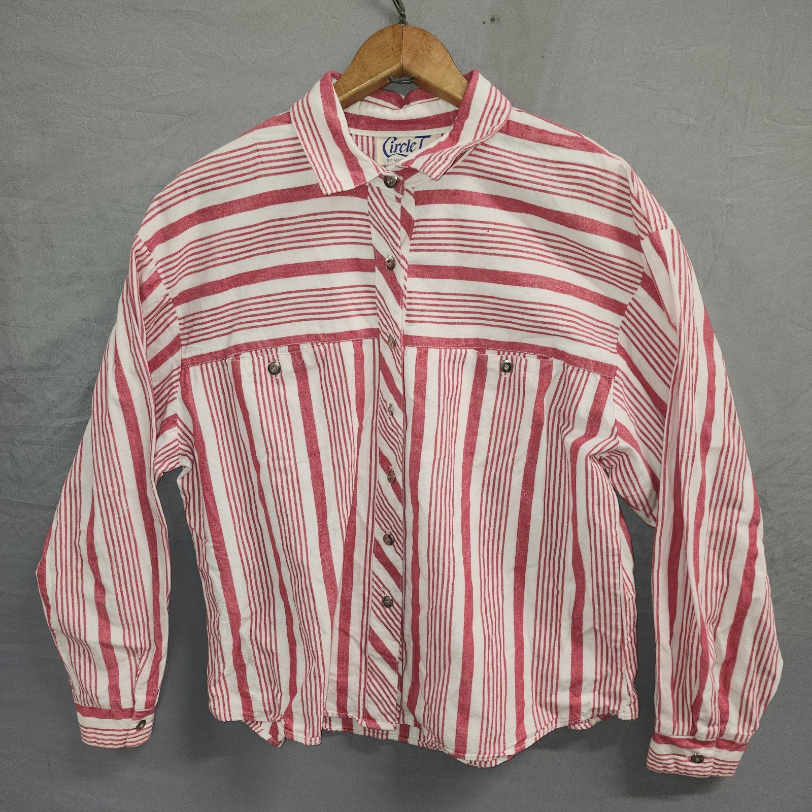 VTG Circle T Womens Western Shirt Red And White Striped Xl (15/16) 100% Cotton