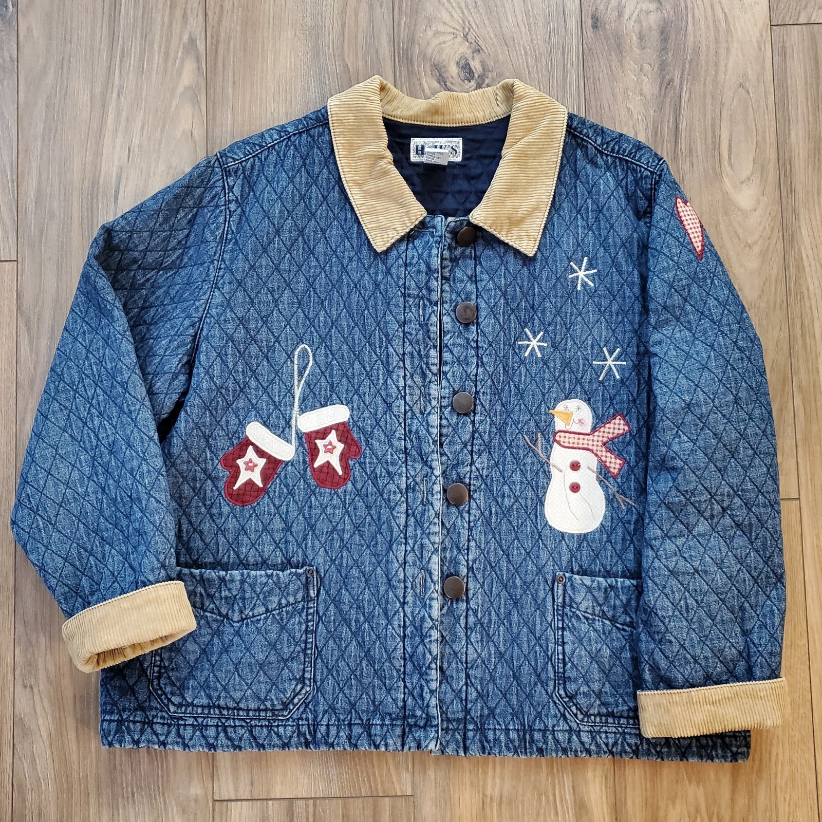 Haik’s Vintage Quilted Denim Jacket 1X Snowman Mittens Corduroy Trim Winter Blue
