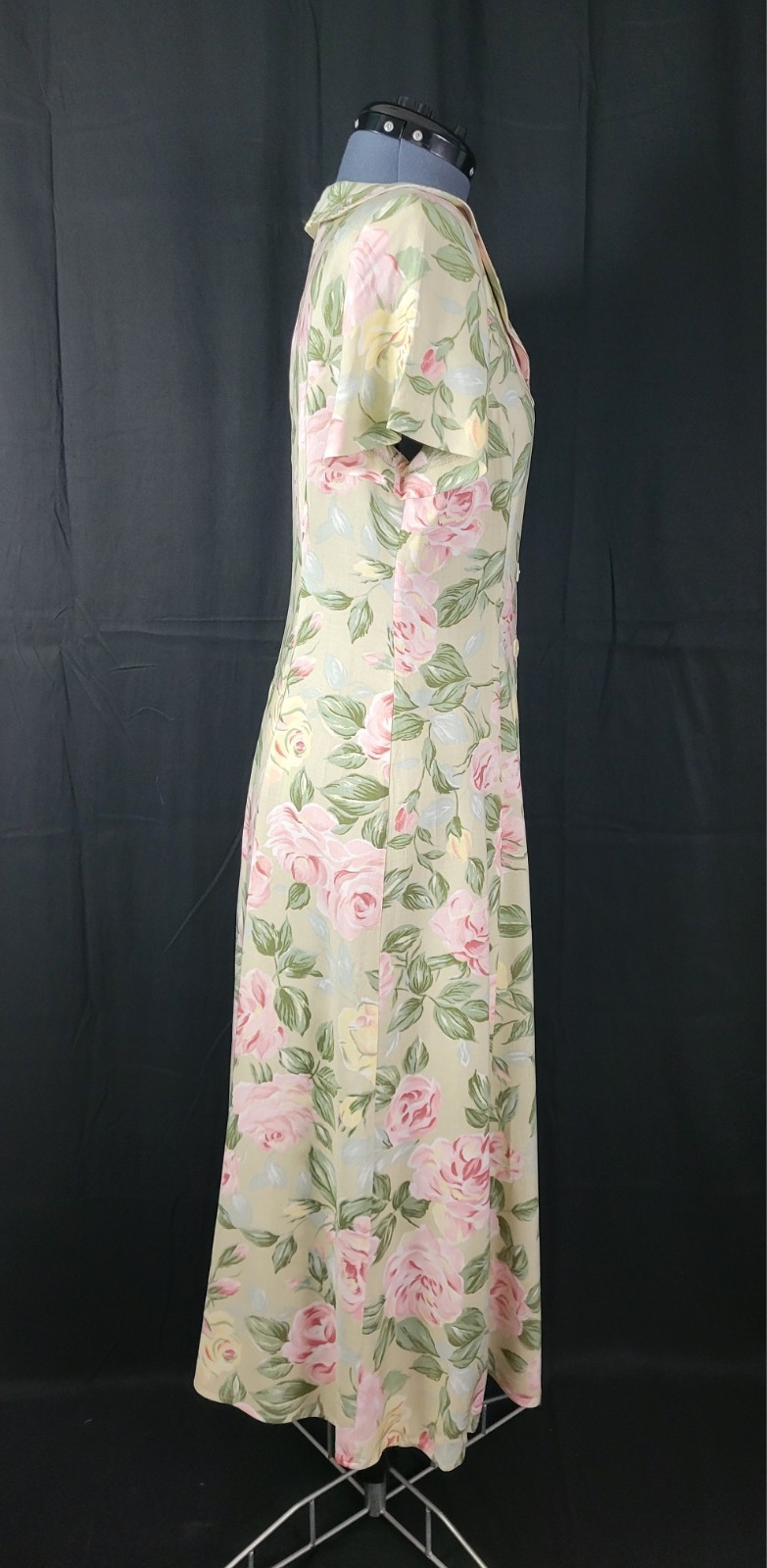 Vintage Ellen Ashley Tan Fit & Flare Button Down Dress w Pastel Florals Size 8
