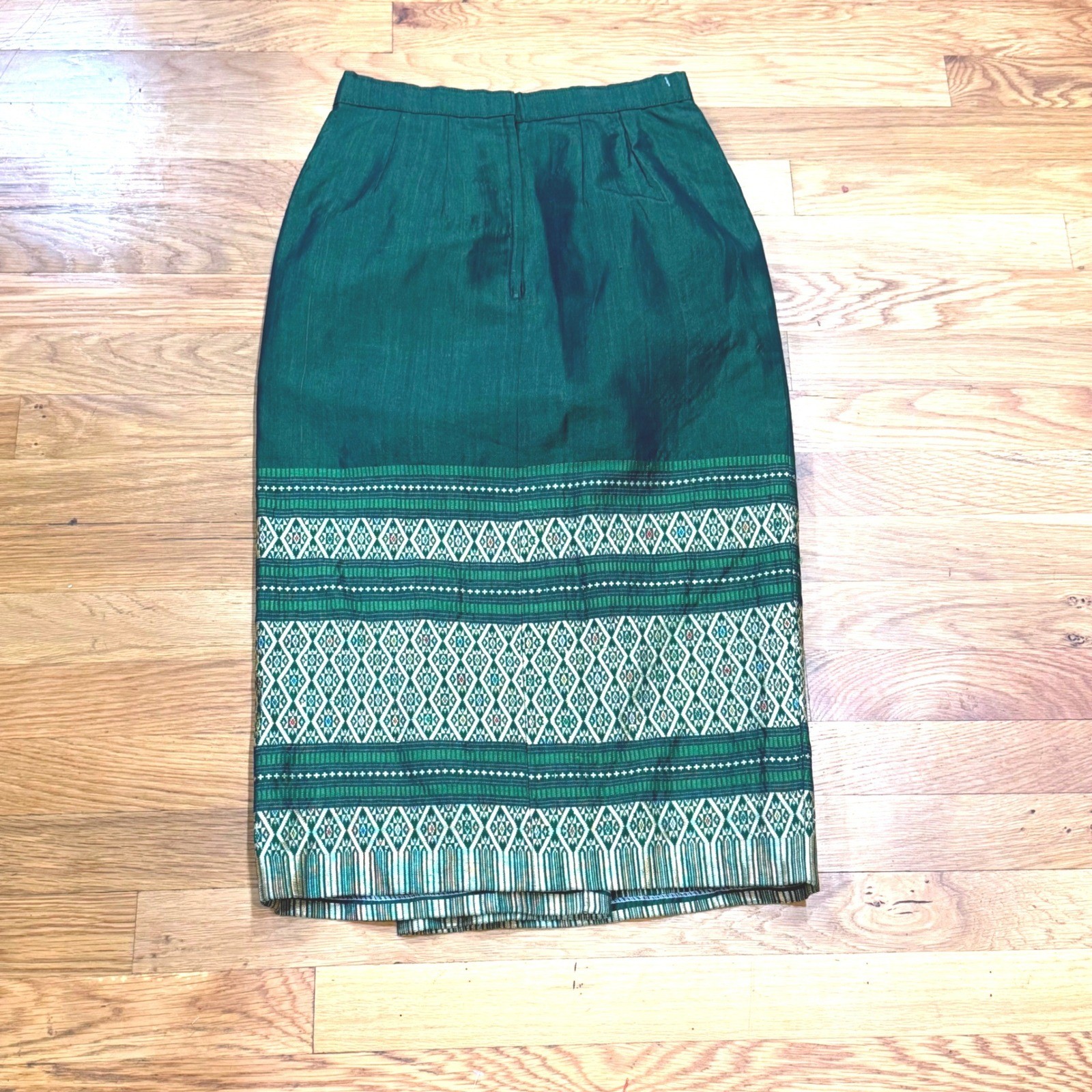 Vintage Thai Silk Forest Green Geometric Border Print Midi Skirt Tailored Zip