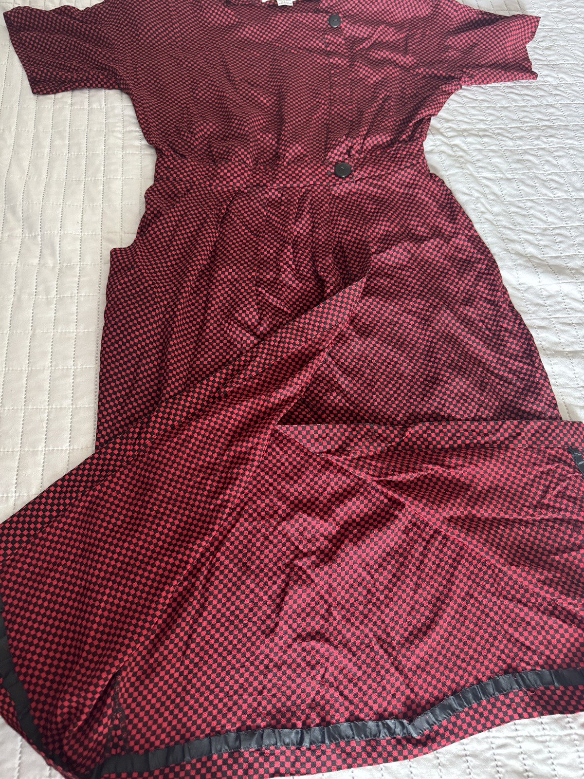 Vintage Ms Chaus Wrap Dress Red Black Check Rayon Midi Pockets Size 14 USA