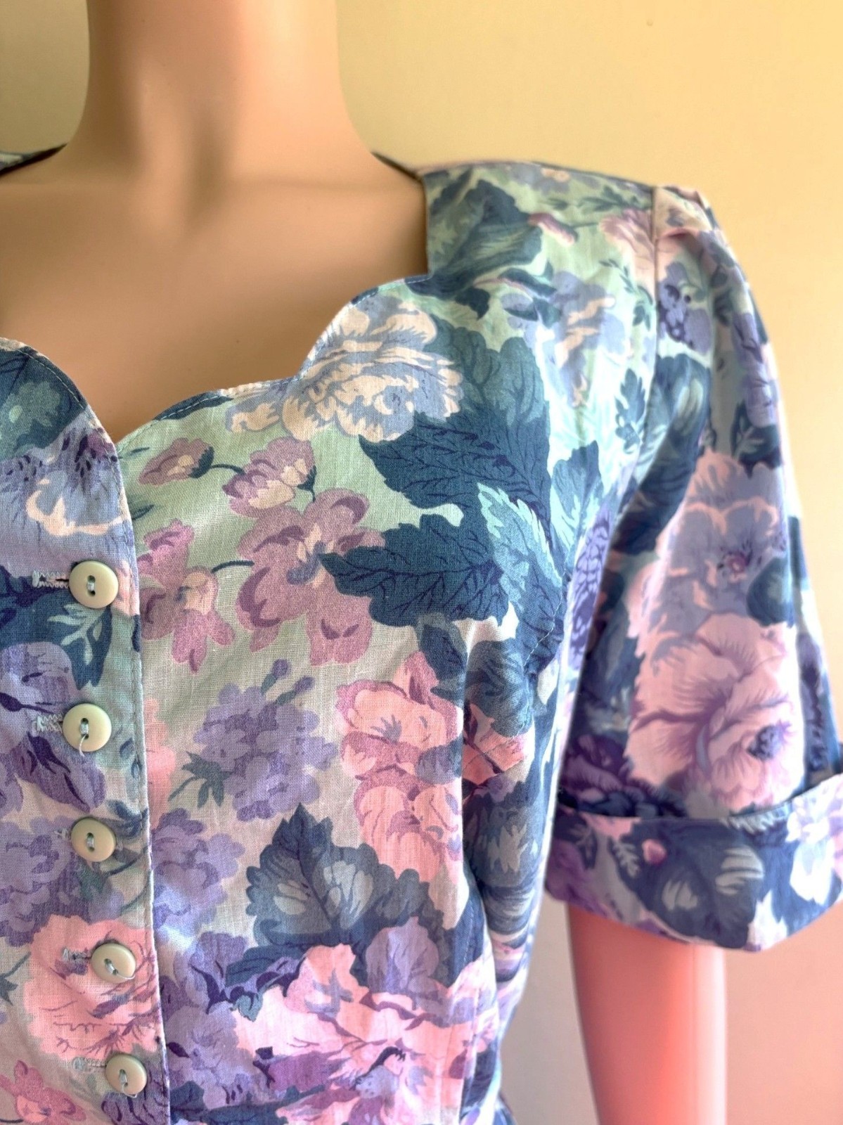 Vintage 80s Country Day Dress XL Button Up Tie Back Retro 40s Pastel Floral