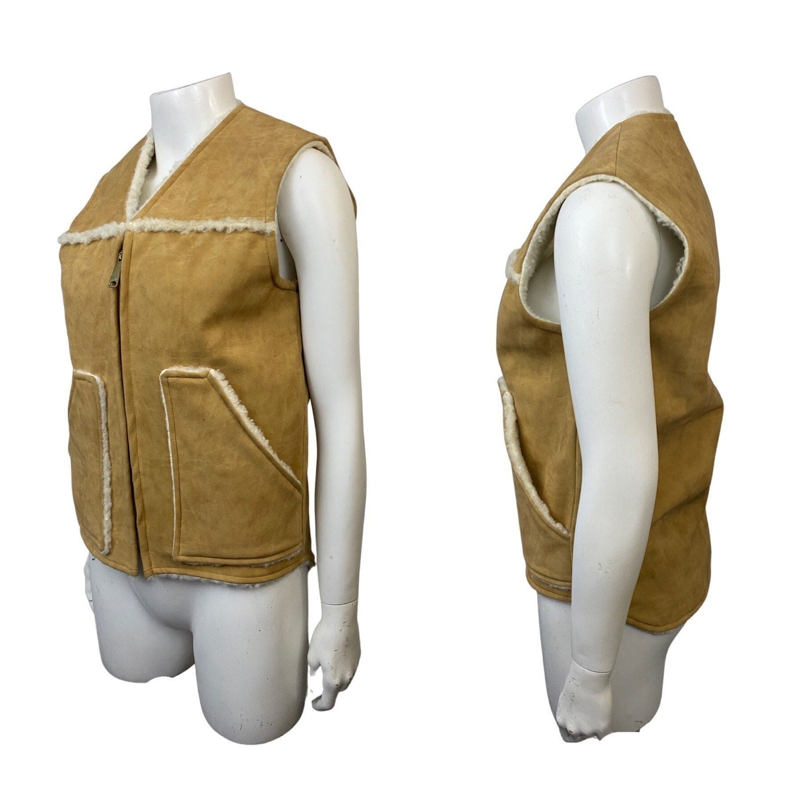 Vintage 70s Faux Suede Zip Up Vest Jacket Shearling Lined / XS ^