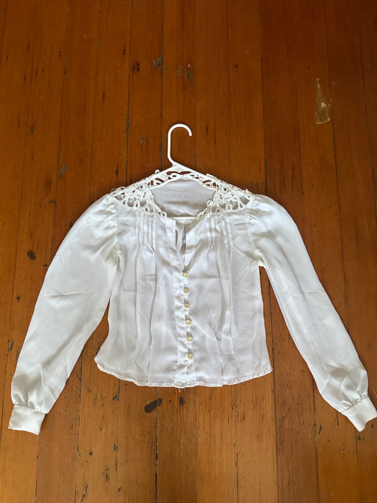 Vintage 70’s Boho Lace Yoke Patchwork Long Cuff Sleeve White Button Up Blouse