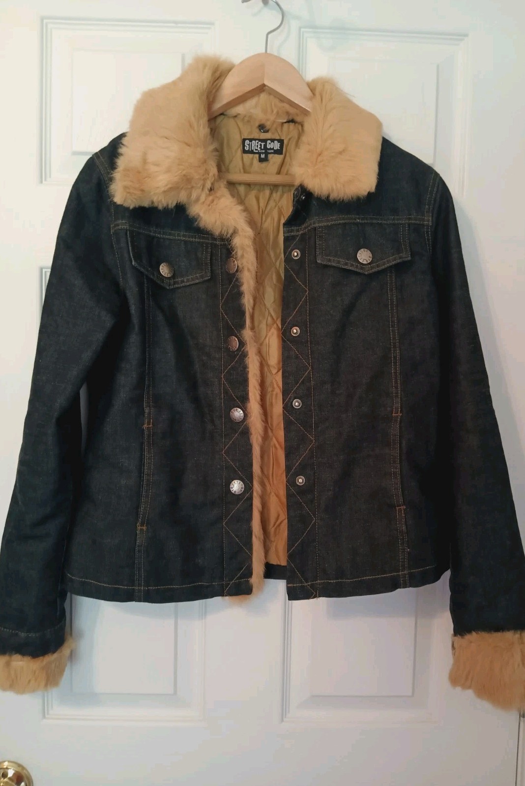 VTG Y2K StreetCode denim jean jacket short detach rabbit fur trim quilt lining S