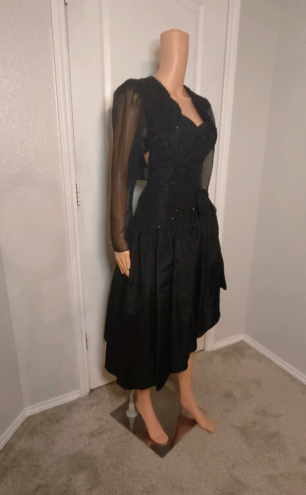 Vintage 80’s Black Glam Party Dress Size XS Formal Dance Goth Assymmetric -DP14