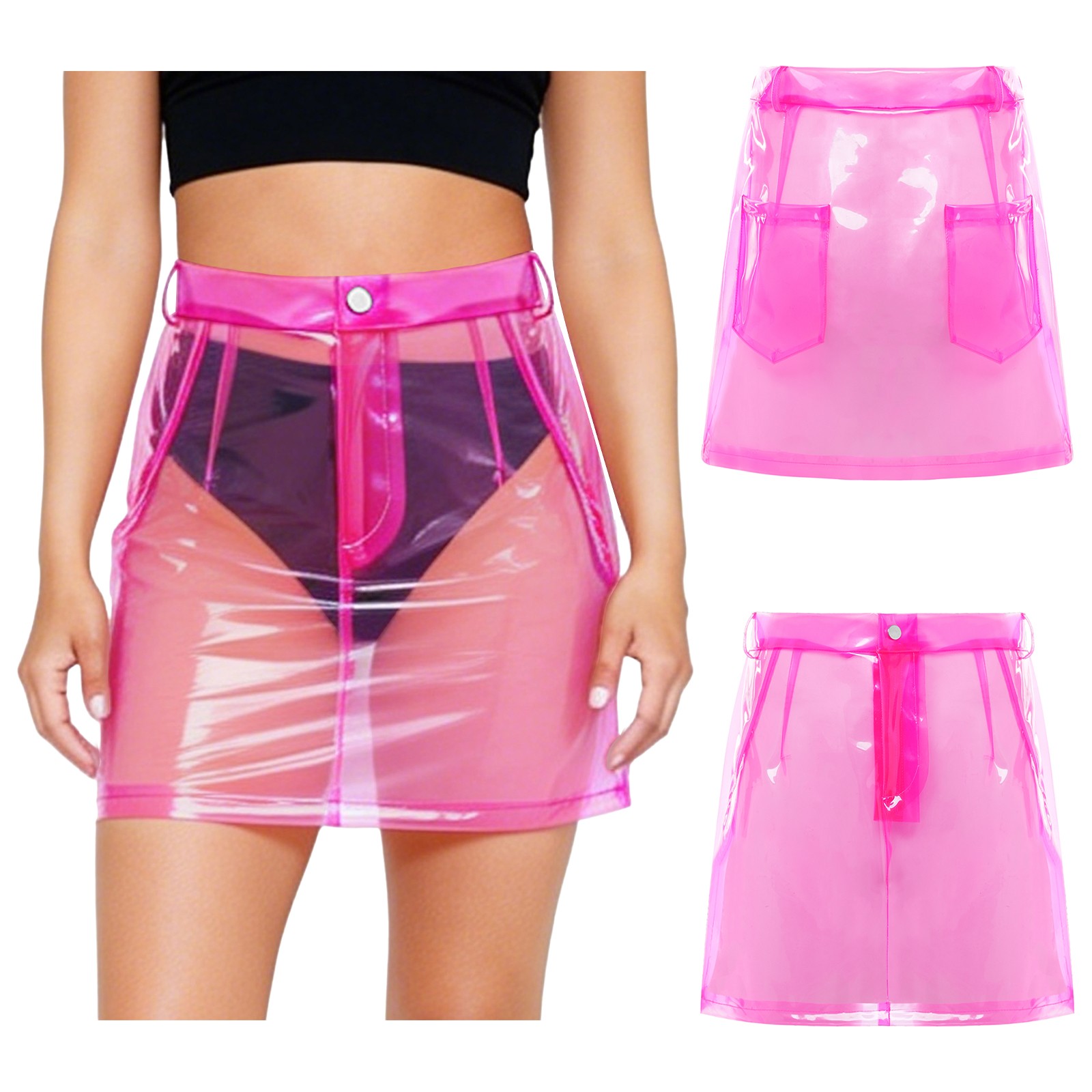 Women Transparent Plastic Pvc Skirt Front Zipper Streetwear Cover Up Skirt Club