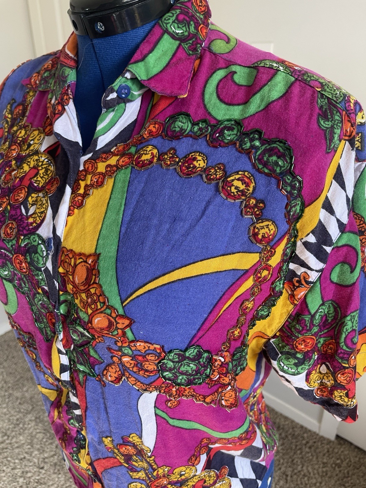 1980s Jane Ashley Sz Medium Multicolor SS Button Up w Beading, Checkers, Jewels