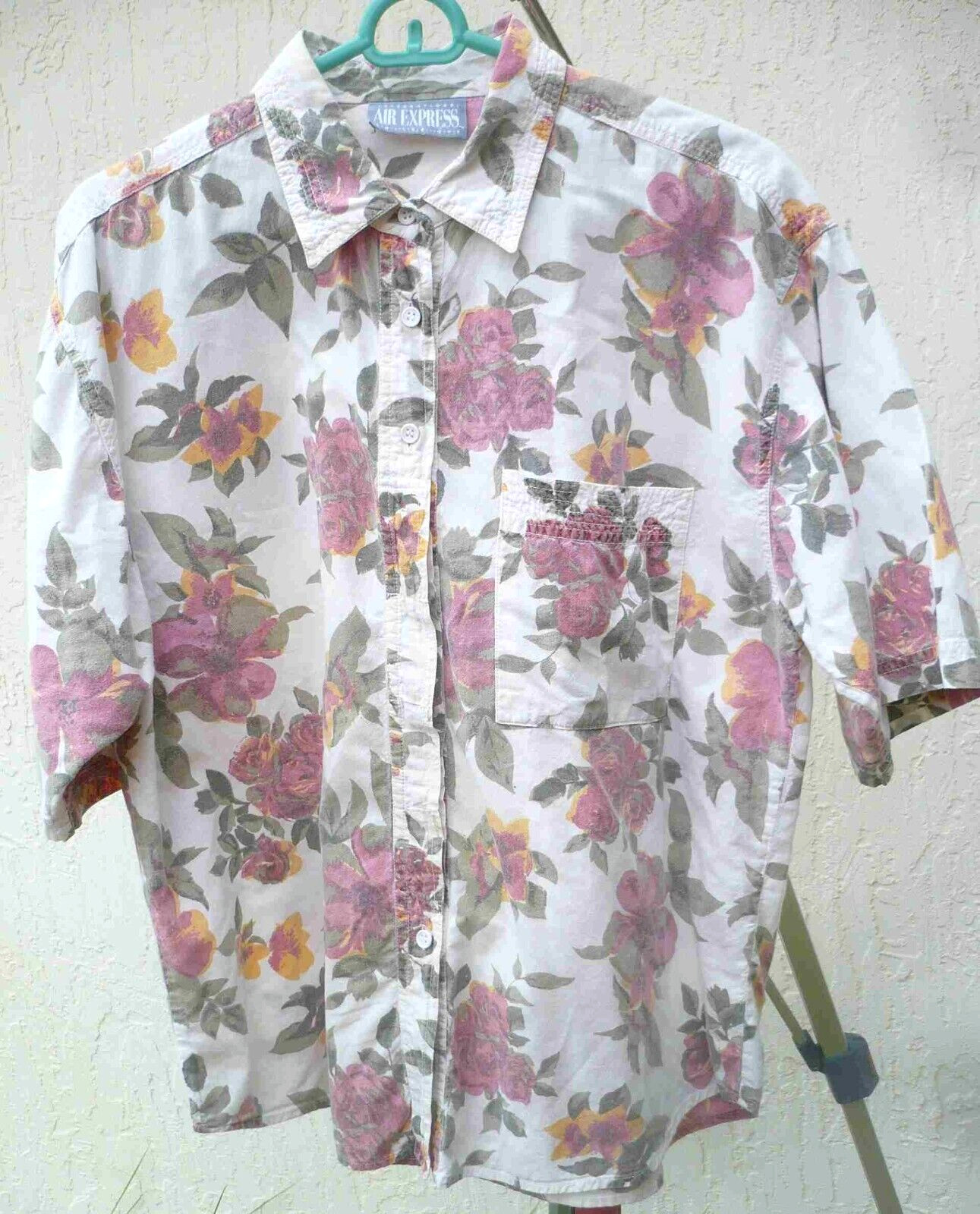 VTG 90S AIR EXPRESS XL L COTTON FADED LOOK FLORAL ROSES BUTTON UP SHIRT WOMEN