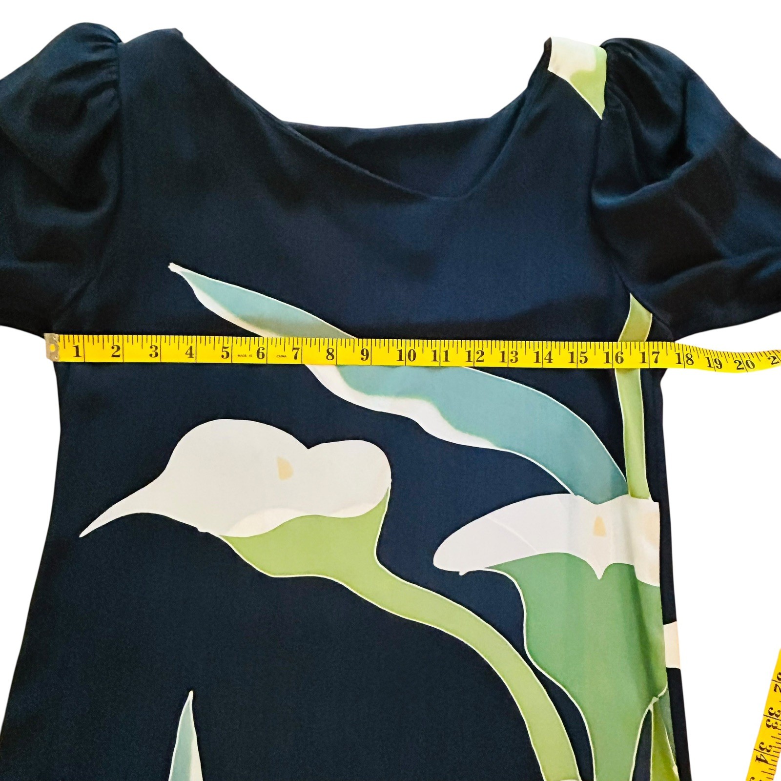 Vintage Navy Calla Lily Dress 1980s Puff Sleeves Size Small Shift Sutherland