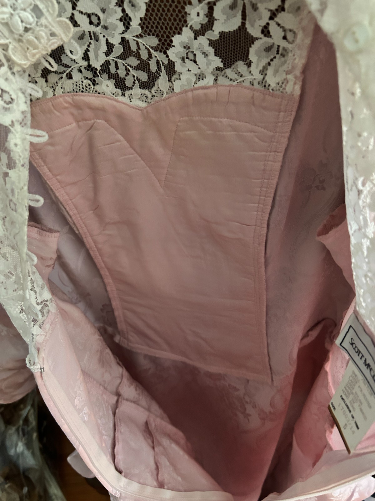 Scott McClintock pink cream brocade lace peplum bow midi dress bridal