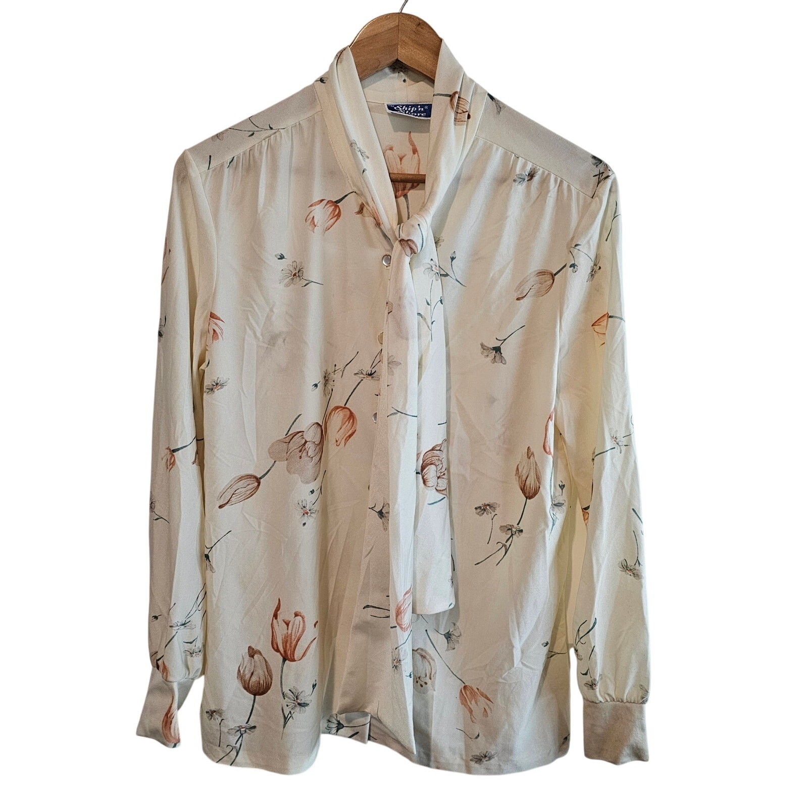 Vintage Ship N Shore Blouse Womens Large White 80s Neck Tie Button Retro Silky