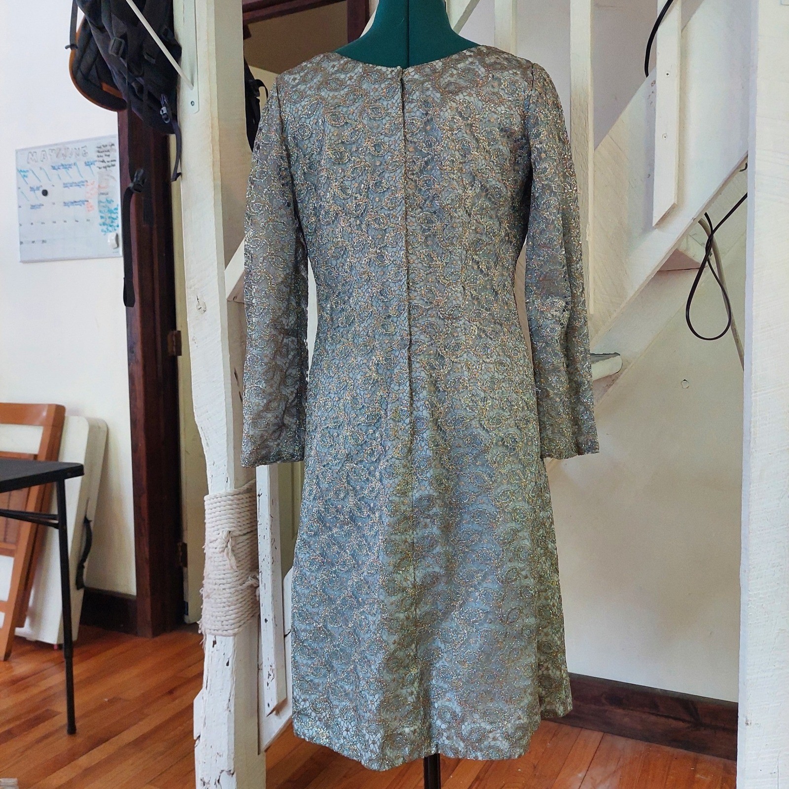 Vintage Clifton Wilhite Dallas Metallic Silver Gold Lace Cocktail Dress 1960’s