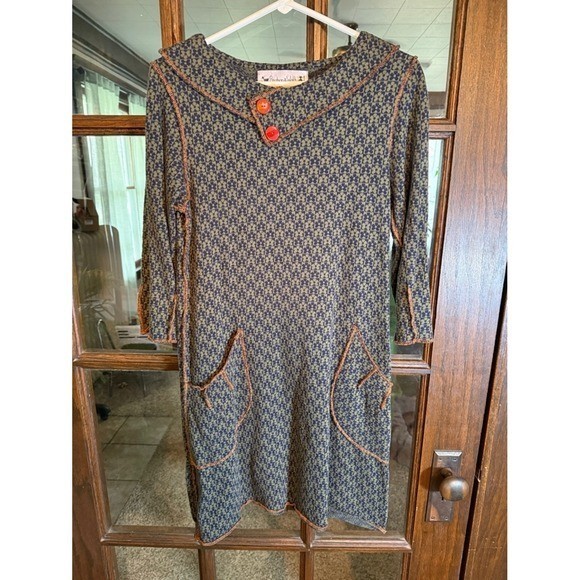 Beebop & Wally New York Tunic Dress Small Green Navy Floral Knit Button Collar