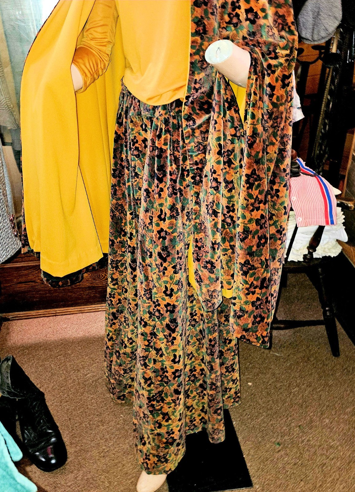 Velvet Vintage Autumn Patterned Handmade Skirt and Hooded Cape Ensemble