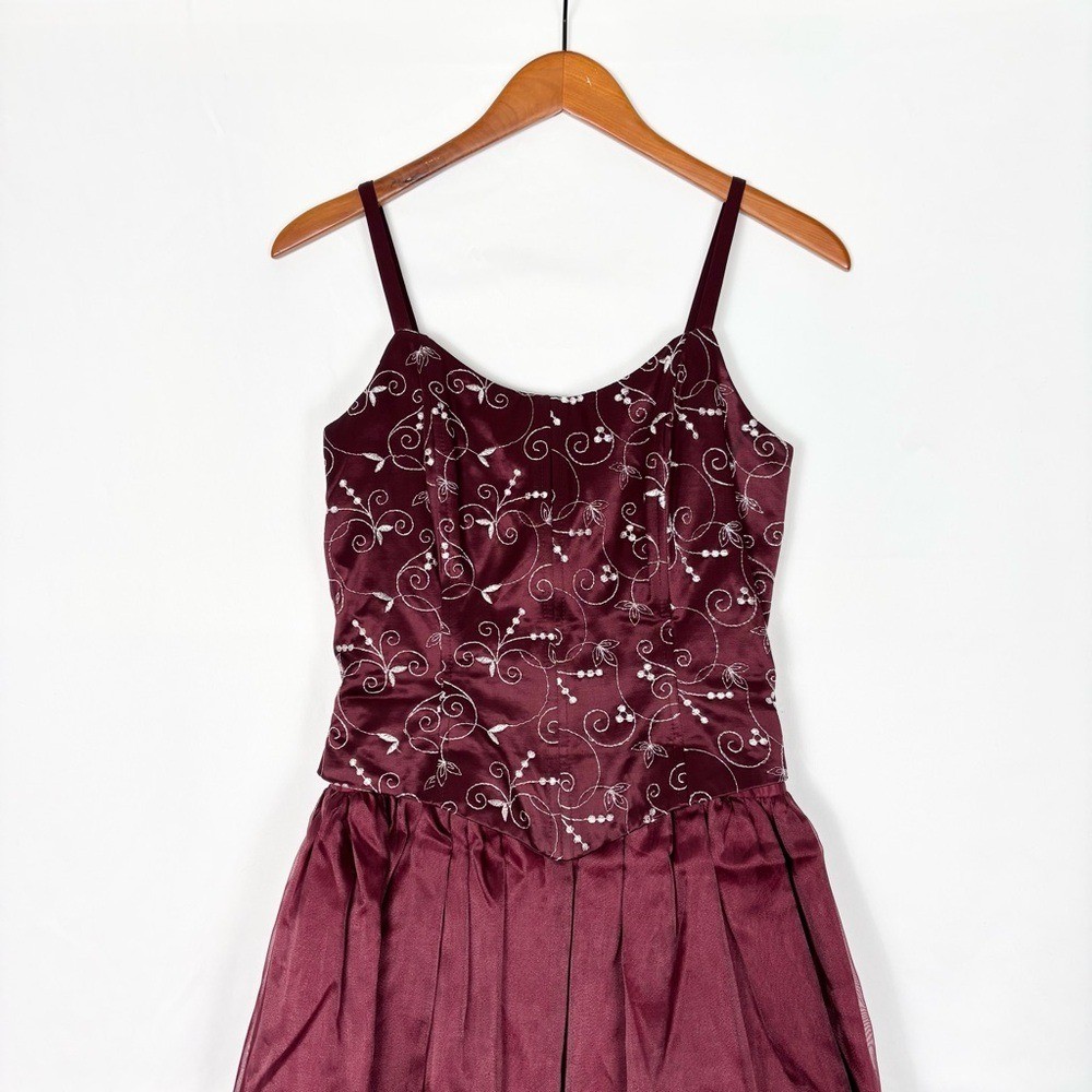 Vintage 90s Kiki USA Corset Embroidered Dress Gown Burgundy Red Size M A Line