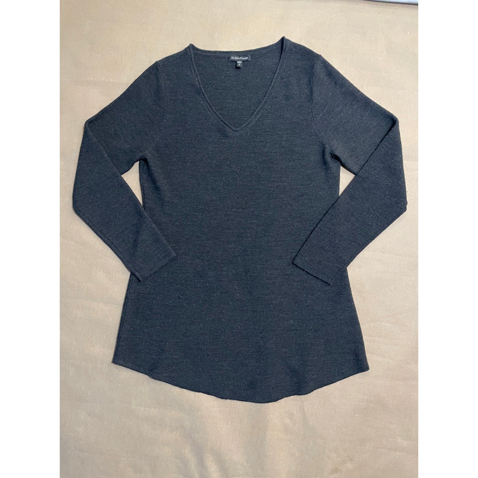 Eileen Fisher V Neck Tunic Top Sz M Black Merino Wool Capsule Minimalist Career