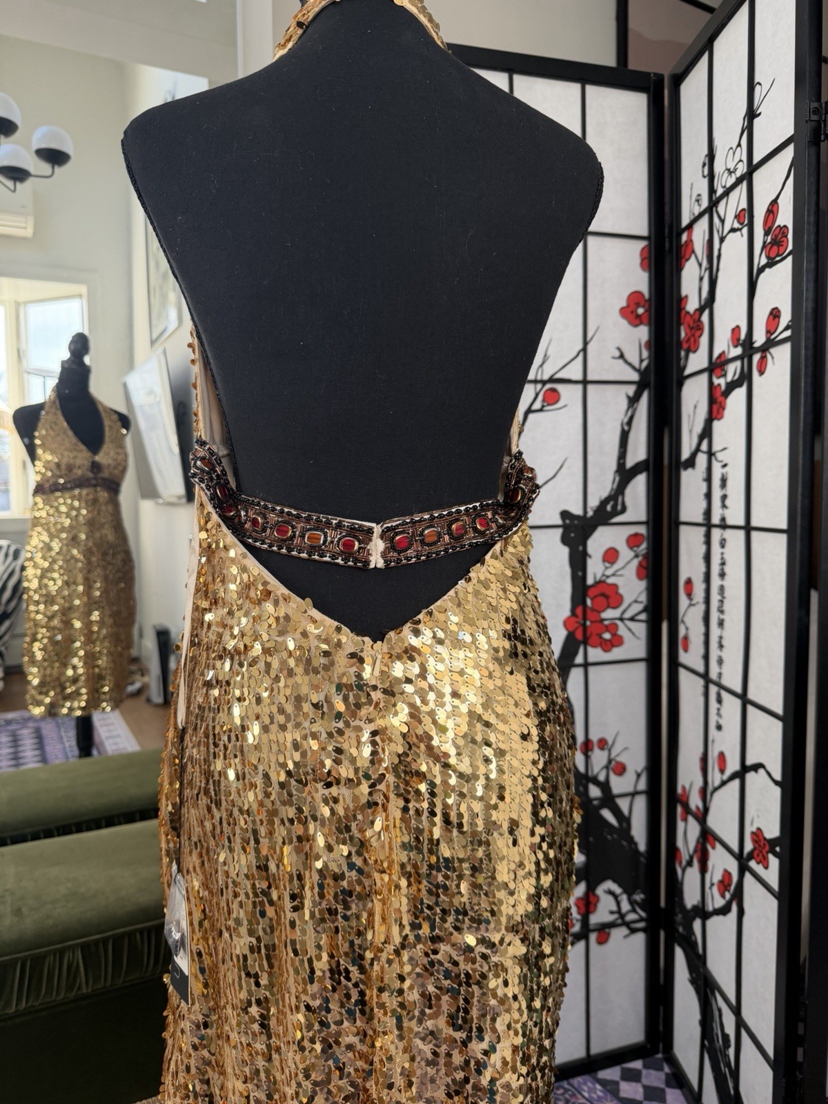 Gold Sequin Halter Dress – Open Back with Jeweled Waist